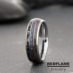 Meteorite Wedding Ring, Alexandrite Dinosaur Bone Meteorite Ring Rose Gold Black Yellow Silver Gray Tyrannosaurus Rex T-Rex Gibeon Tungsten