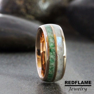 Emerald Wedding Band, Rainbow Moonstone Ring, Rose Gold Black Yellow Silver Gray Tungsten Wedding Ring, Mens Ring, Custom Order, RedFlame
