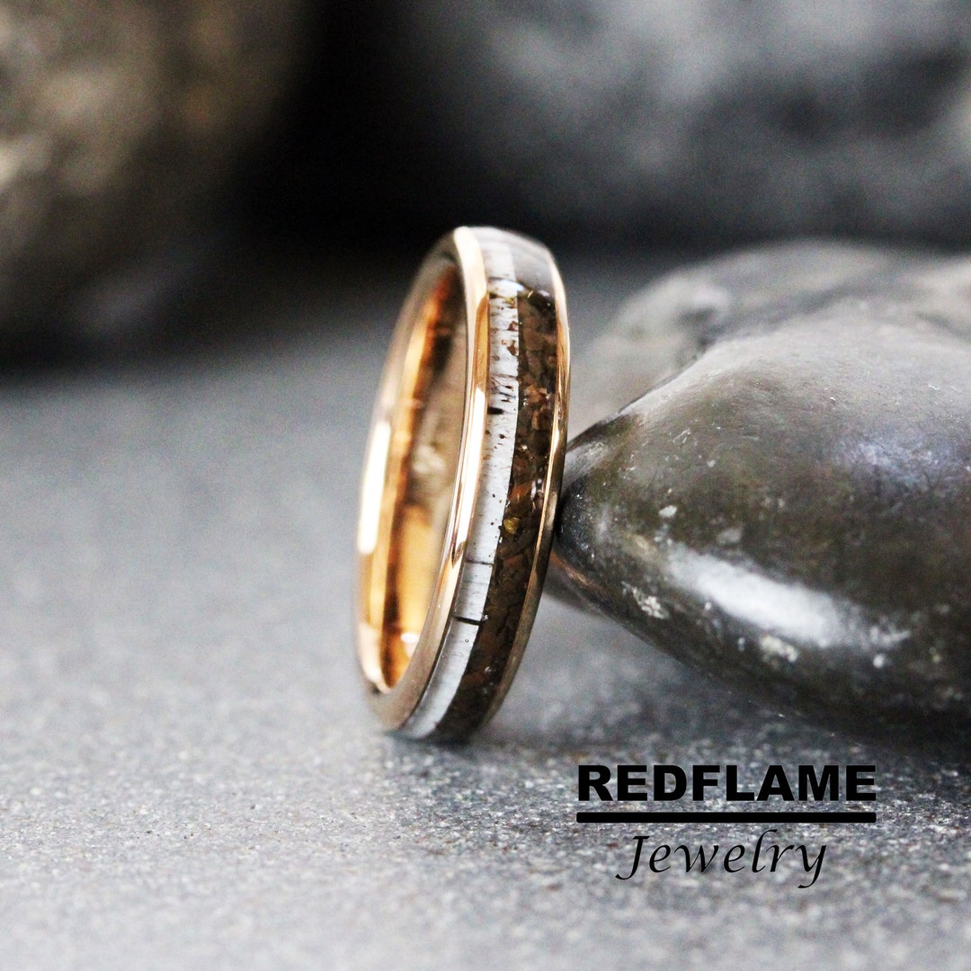 Rose Gold Dinosaur Bone Wedding Ring Deer Antler Dark Brown Etsy