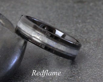 Moonstone Ring Black Polish white Accent Tungsten Wedding Ring 8 6 mm Man Rainbow Moonstone Natural Crushed Stone Band Custom Order
