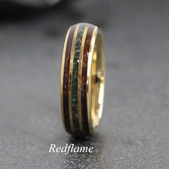 Moss Agate Koa Wood Wedding Band, Green Ring, Rose Gold Black