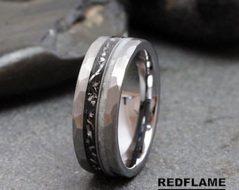 Moonstone Meteorite Guitar string Tungsten Wedding Ring Hammered Tungsten Ring Women ring men ring
