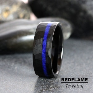 Lapis Lazuli Crushed Wedding Ring, Black Hammer Ring, Rose Gold Black Yellow Silver Gray Tungsten Wedding Ring, Mens Ring