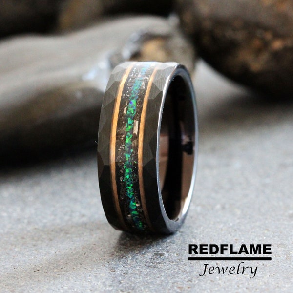 Peacock opal Meteorite Wedding tungsten Ring