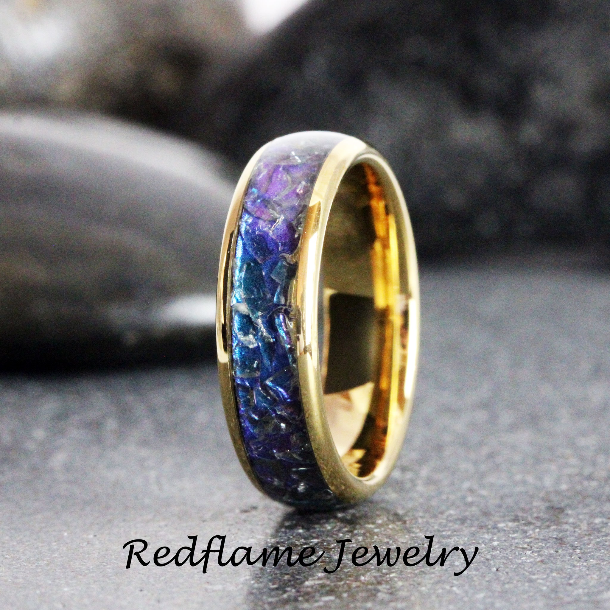 Gold Alexandrite Crushed Wedding Ring, Changing Color Ring, Rose