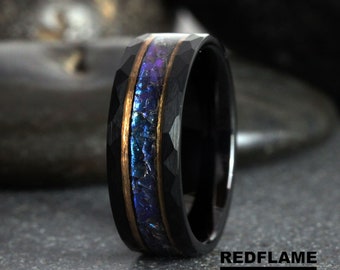 Hammer Alexandrite Crushed Wedding Ring, Black 8mm Gold Stripes Accent Changing Color Tungsten Mens Ring Custom Order Blue Purple Stone