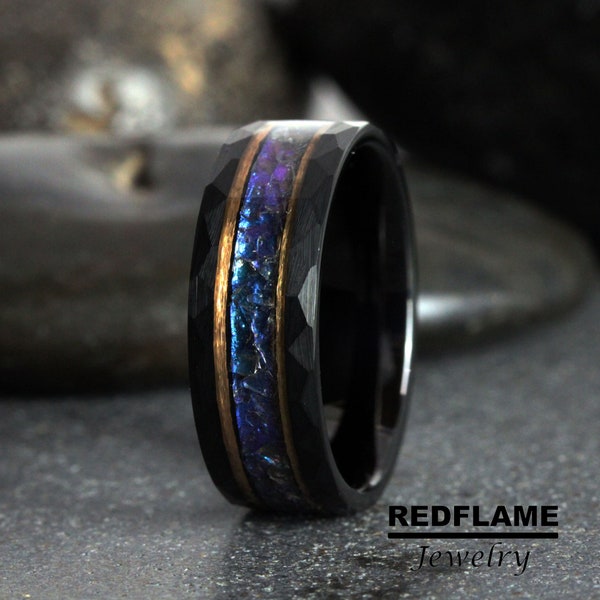 Hammer Alexandrite Crushed Wedding Ring, Black 8mm Gold Stripes Accent Changing Color Tungsten Mens Ring Custom Order Blue Purple Stone