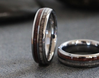 Petrified wood Deer Antler Tungsten Wedding Ring