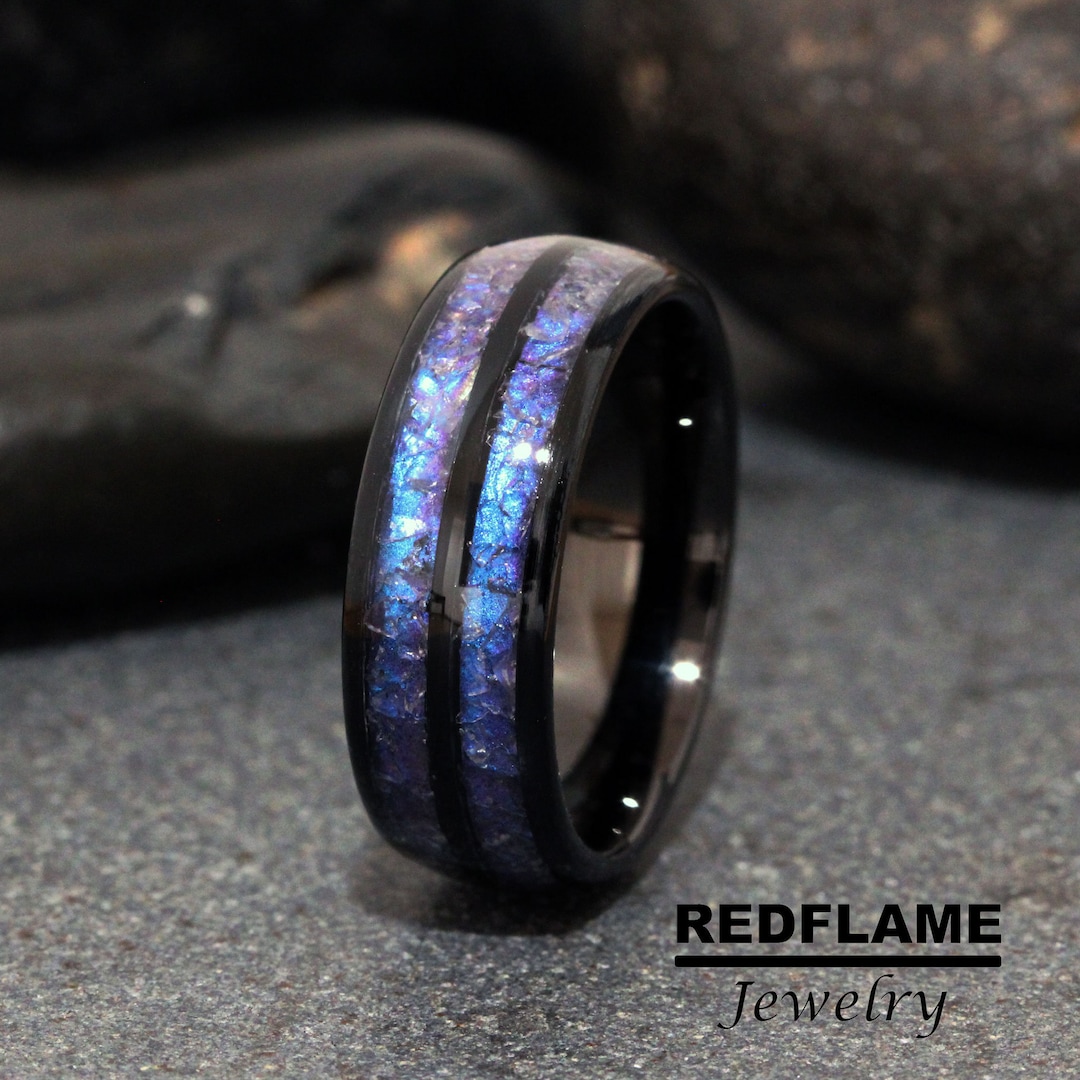 Double Inlay Alexandrite Crushed Wedding Ring Black Polish Changing ...