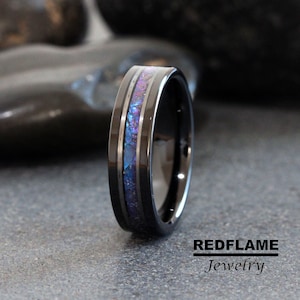 6mm Polish Alexandrite Crushed Wedding Ring White Gold Black Stripes Accent Changing Color Tungsten Mens Ring Custom Order Blue Purple Stone