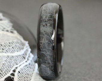 Black Wedding Dress scrap Inlay Ring, Clothing Fabric Tungsten Carbide, Custom your material ring
