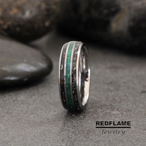 Emerald Meteorite Wedding Ring Meteorite Rose Gold Yellow Silver Band Gibeon Tungsten Black Anniversary Promise Mens Ring Womens