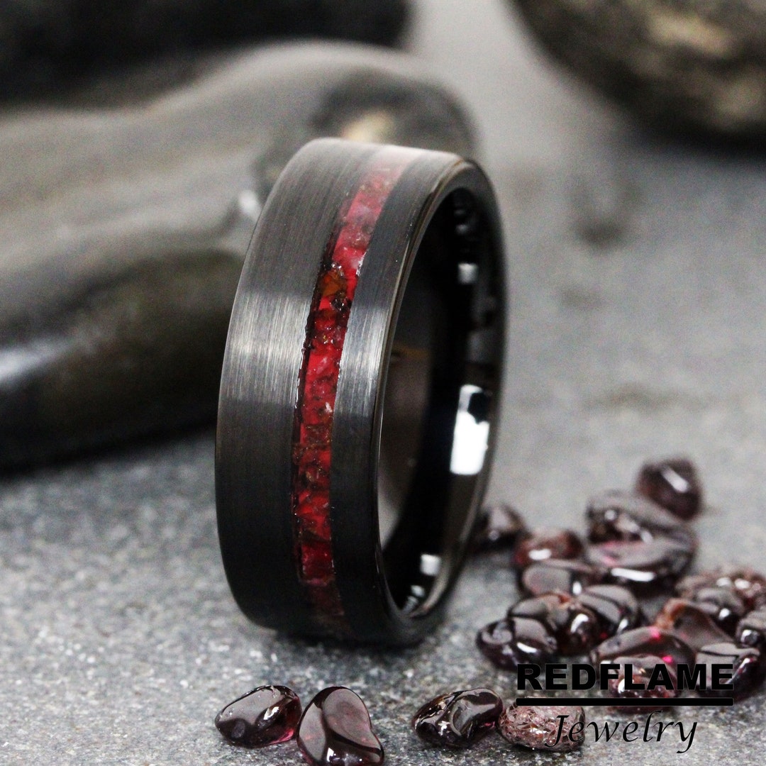 Red Garnet Crushed Wedding Ring Brushed Black Natural Stone Black