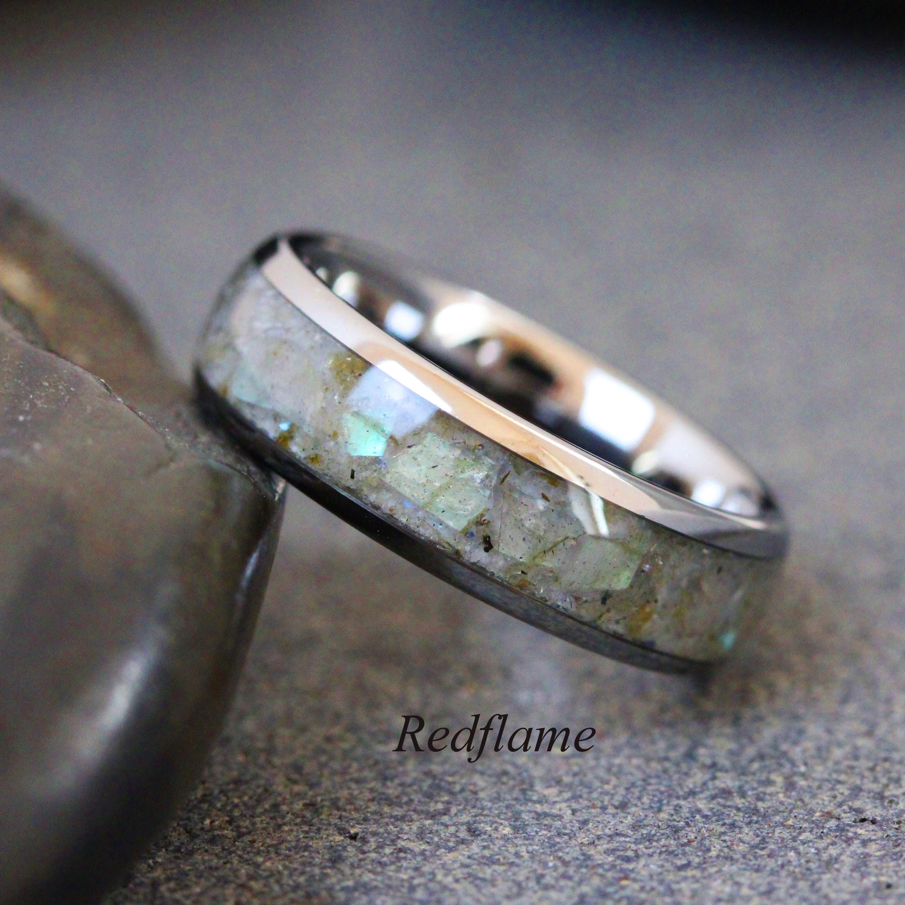 Labradorite Tungsten Wedding Ring, Natural Crushed Stones Men