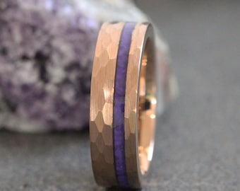 Amethyst Hammered Ring, rose gold band Tungsten Ring