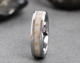 Wedding Dress fabric Inlay with Gold Flake wedding Ring, Tungsten wedding dress band