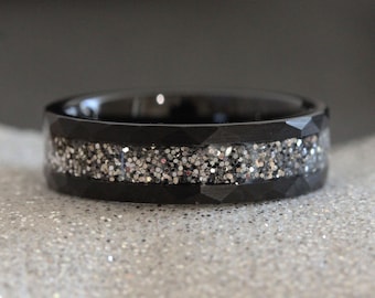 Black hammered Your Wedding Dress fabric Inlay Ring Tungsten Carbide