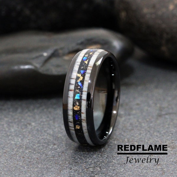 Deer Antler Meteorite Gold leaf Wedding Ring Meteorite Rose Gold Yellow Silver Band Gibeon Tungsten Black Anniversary Promise ring