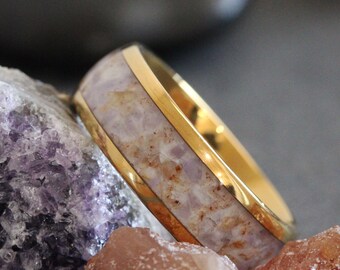 Amethyst Orange Citrine Crushed Ring, yellow gold Tungsten Ring, 4 mm, 6 mm, 8 mm band, custom order
