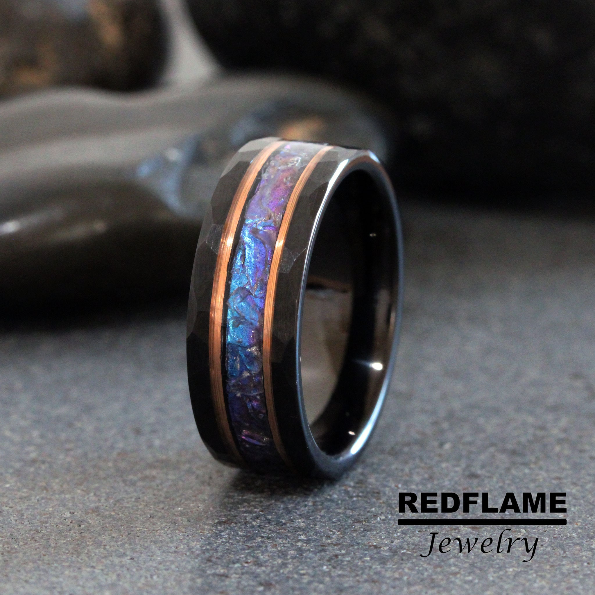Hammer Alexandrite Crushed Wedding Ring, Rose Gold Black 8mm Stripes Accent Changing Color Tungsten Mens Ring Custom Order Blue Purple Stone