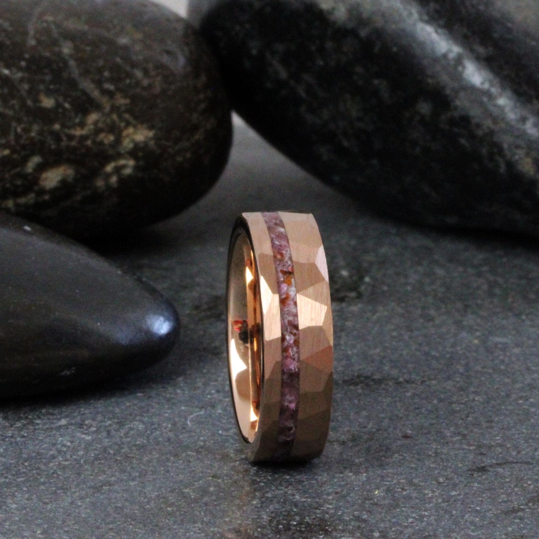 Light Red Pink Garnet Tungsten Wedding Ring Natural Stone Hammered Ring ...