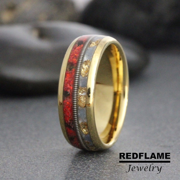 Bass String Ring, Combo Red Opal, Black Obsidian, Blue Sapphire, Gold Foil Leaf Ring Rose Gold Yellow Tungsten Wedding Mens Custom Order