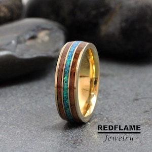 Solid 10K Gold Ring Whiskey Barrel Peacock Blue Opal Ring Wedding Ring Anniversary Ring Band Men Ring Women ring Gold