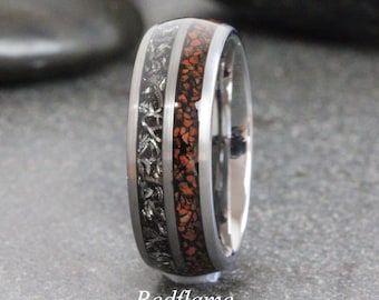 Meteorite Dinosaur Bone Ring Rose Black Yellow Gold Silver Tungsten Carbide Ring Tyrannosaurus Rex T-Rex Gibeon, custom order