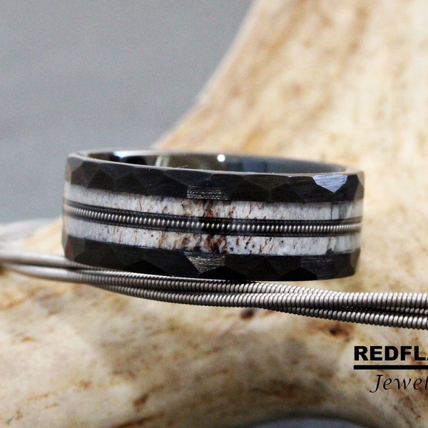 Your Own Guitar Bass Violon String and Deer Mule Antler Ring Use Your Own Guitar String Wedding Band Steel Tungsten Carbide Mens Ring