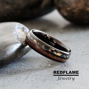 Gold Foil Leaf Meteorite Wedding Ring Dinosaur Bone Meteorite Rose Gold Yellow Silver Band Tyrannosaurus Rex T-Rex Gibeon Tungsten Black