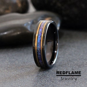 6mm Polish Alexandrite Crushed Wedding Ring Yellow Gold Black Stripes Accent Changing Color Tungsten Men Ring Custom Order Blue Purple Stone