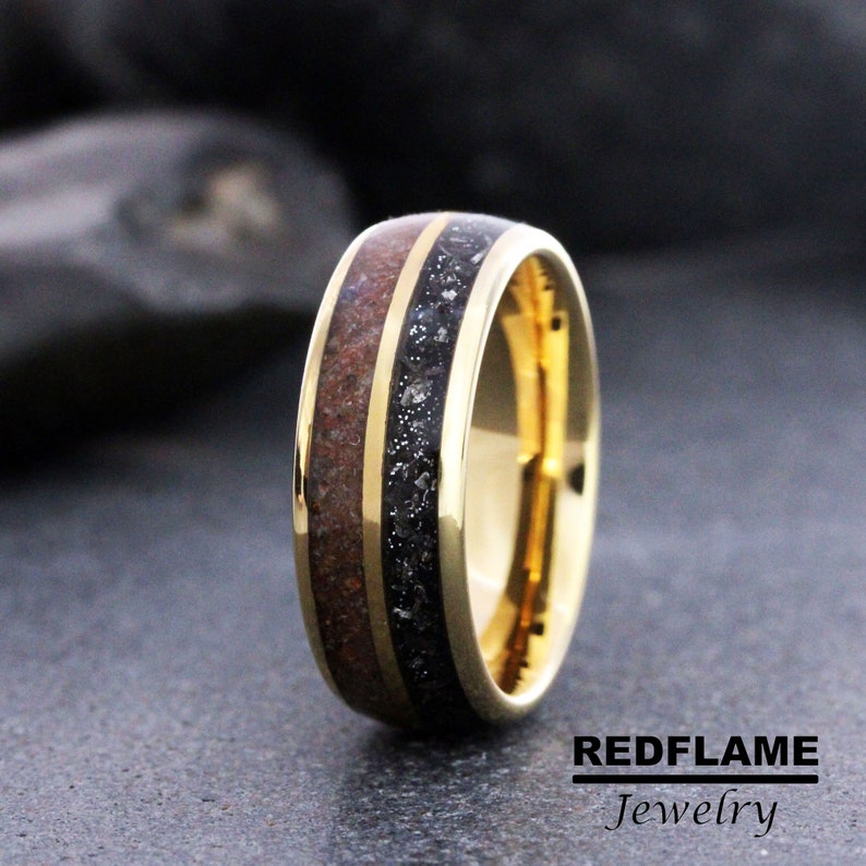 Gold Meteorite Wedding Ring, Meteorite Dinosaur Bone Meteorite Ring Rose Black Yellow Silver Gray Tyrannosaurus Rex T-Rex Gibeon Tungsten image 2