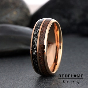 Rose Gold Meteorite Wedding Ring, Meteorite Dinosaur Bone Meteorite Ring Black Yellow Silver Gray Tyrannosaurus Rex T-Rex Gibeon Tungsten