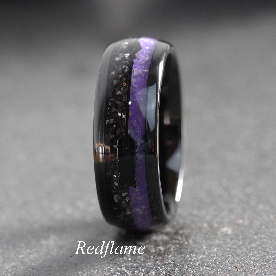 Amethyst Meteorite Tungsten Ring, Black Arrow Inlay - Etsy