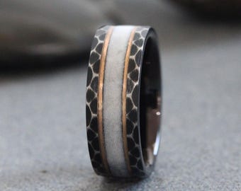 Rose Gold Accent hammered Your Wedding Dress fabric Inlay Ring, distressed Tungsten Carbide