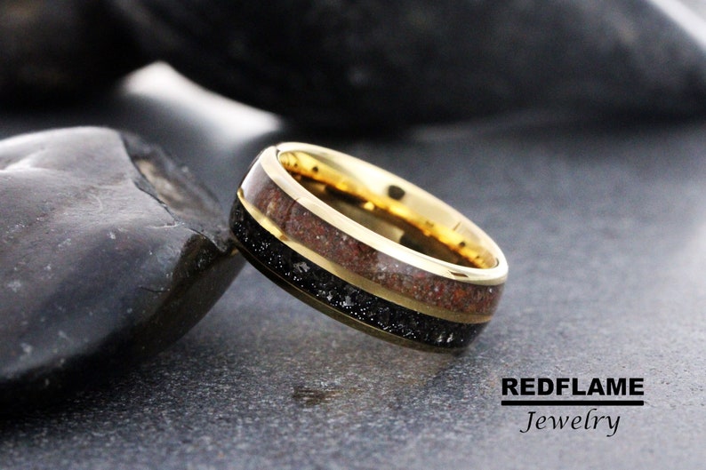 Gold Meteorite Wedding Ring, Meteorite Dinosaur Bone Meteorite Ring Rose Black Yellow Silver Gray Tyrannosaurus Rex T-Rex Gibeon Tungsten image 4