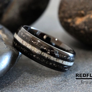 Deer Antler Meteorite Wedding Ring Meteorite Rose Gold Yellow Silver Band Gibeon Tungsten Black Anniversary Promise Mens Ring Wedding Womens