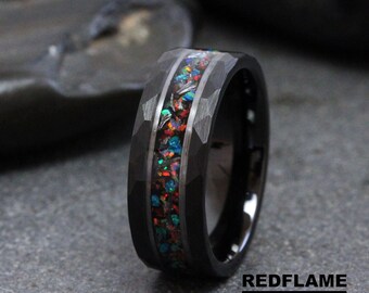 Meteorite Galaxy Opal Wedding Ring Tungsten ring, men ring, women ring