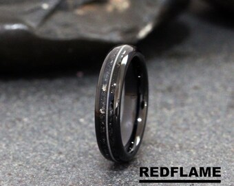 Anillo de bodas de meteorito con cuerda de guitarra, oro rosa, amarillo, plata, banda negra, tungsteno, negro y gris.