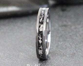 Silver leaf Meteorite Ring, Meteorite Hammered Band Tungsten Ring, Mens Womens Band Anniversary Wedding Ring, Custom order