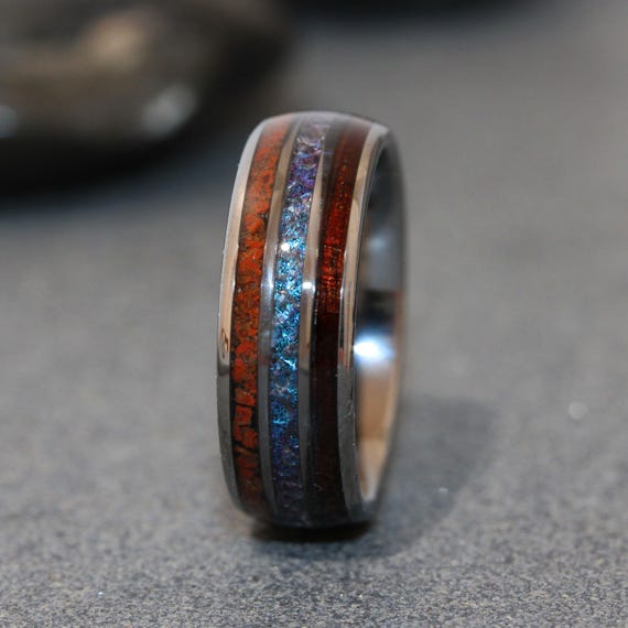 Alexandrite Crushed Wedding Ring, Dinosaur Bone Koa Wood Ring