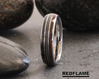 Meteorite Wedding Ring, Meteorite Dinosaur Bone Guitar String Rose Gold Black Yellow Silver Gray Tyrannosaurus Rex T-Rex Gibeon Tungsten