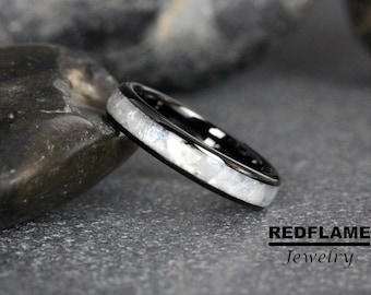 Polished Rainbow Moonstone Ring, Black Moonstone Wedding Ring, Women Ring Black Yellow Silver Gray Tungsten Carbide Mens Ring, Custom Order