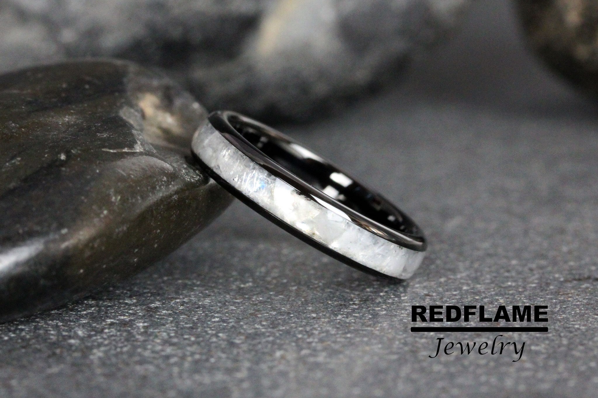 Polished Rainbow Moonstone Ring, Black Moonstone Wedding Ring