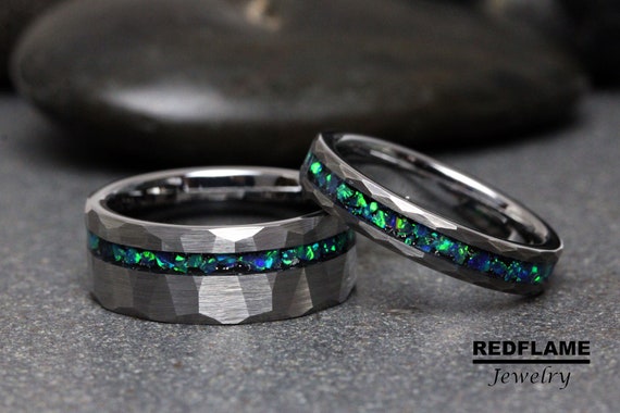 Galaxy Blue Opal Meteorite Wedding Ring Meteorite Hammer Band