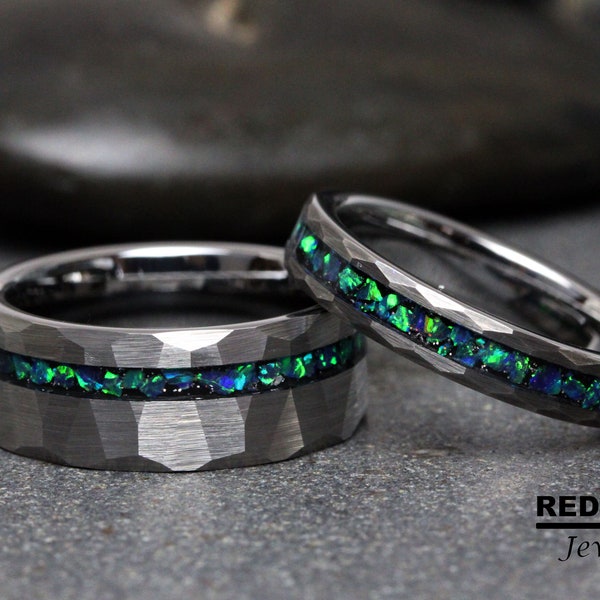 Galaxy Blue Opal Meteorite Wedding Ring Meteorite Hammer Band Gibeon Tungsten Black Mens Band Womens Anniversary Faceted Green Red Blue