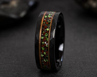 Meteorite Dinosaur Bone Emerald glass Tungsten Carbide Ring