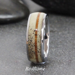 Deer Antler Ring Elk Moose Wood Whiskey barrel Wedding Ring, Tungsten Wedding Ring, custom order