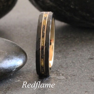Gold Foil Leaf Meteorite Wedding Ring Meteorite Black Hammered Band Tungsten Black Mens Band Womens Anniversary Faceted