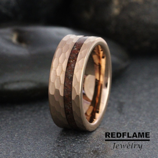 Rose Gold Dinosaur Bone Wedding Ring, Hammer Dinosaur Bone Ring Rose Black Yellow Silver Gray Tyrannosaurus Rex T-Rex Gibeon Tungsten